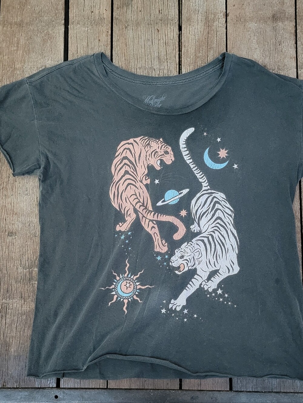 Midnight Rider Graphic Tee with Pastel Tiger Design - Black